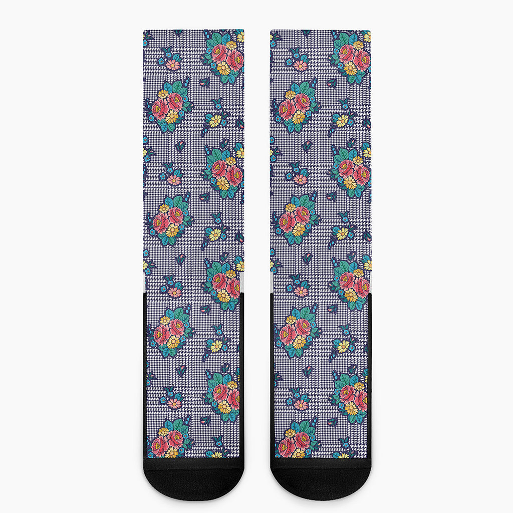 Blue And White Floral Glen Plaid Print Crew Socks