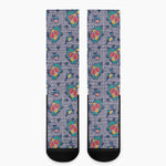 Blue And White Floral Glen Plaid Print Crew Socks