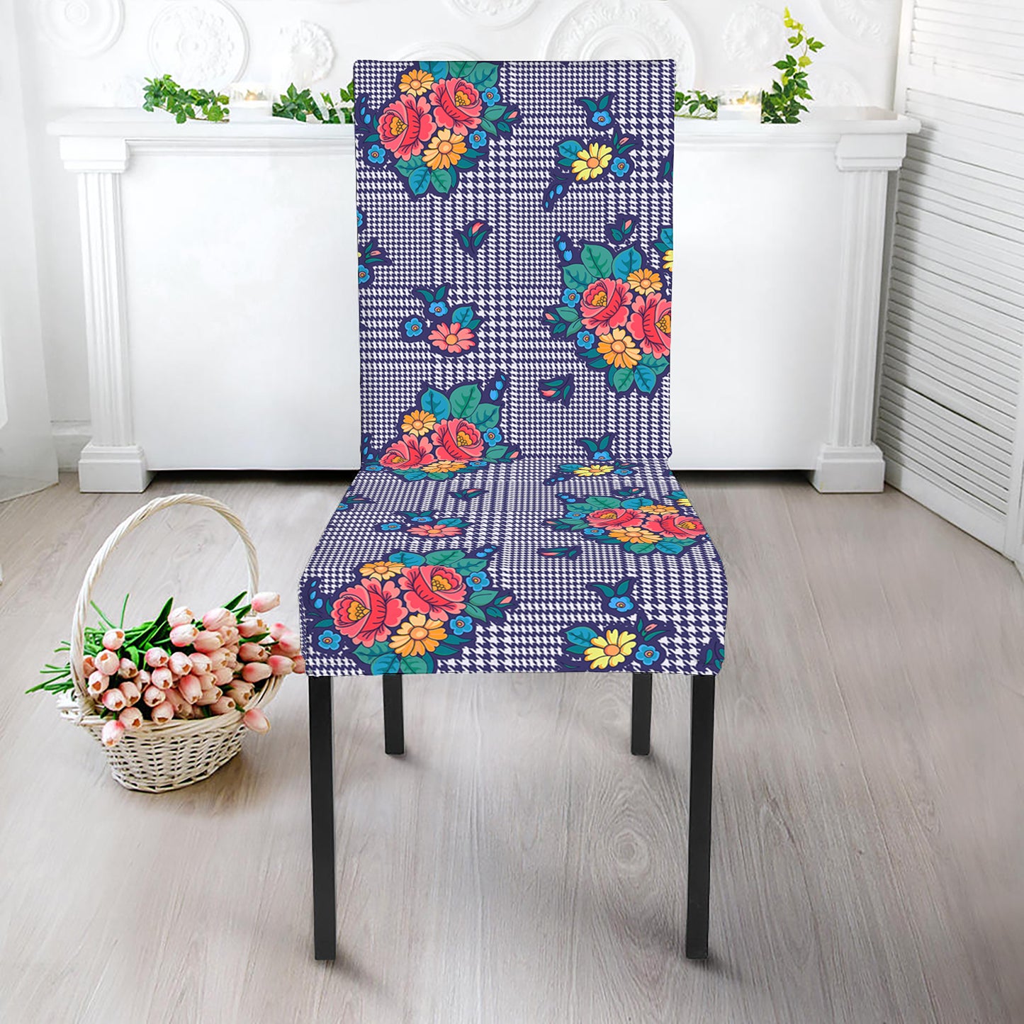 Blue And White Floral Glen Plaid Print Dining Chair Slipcover