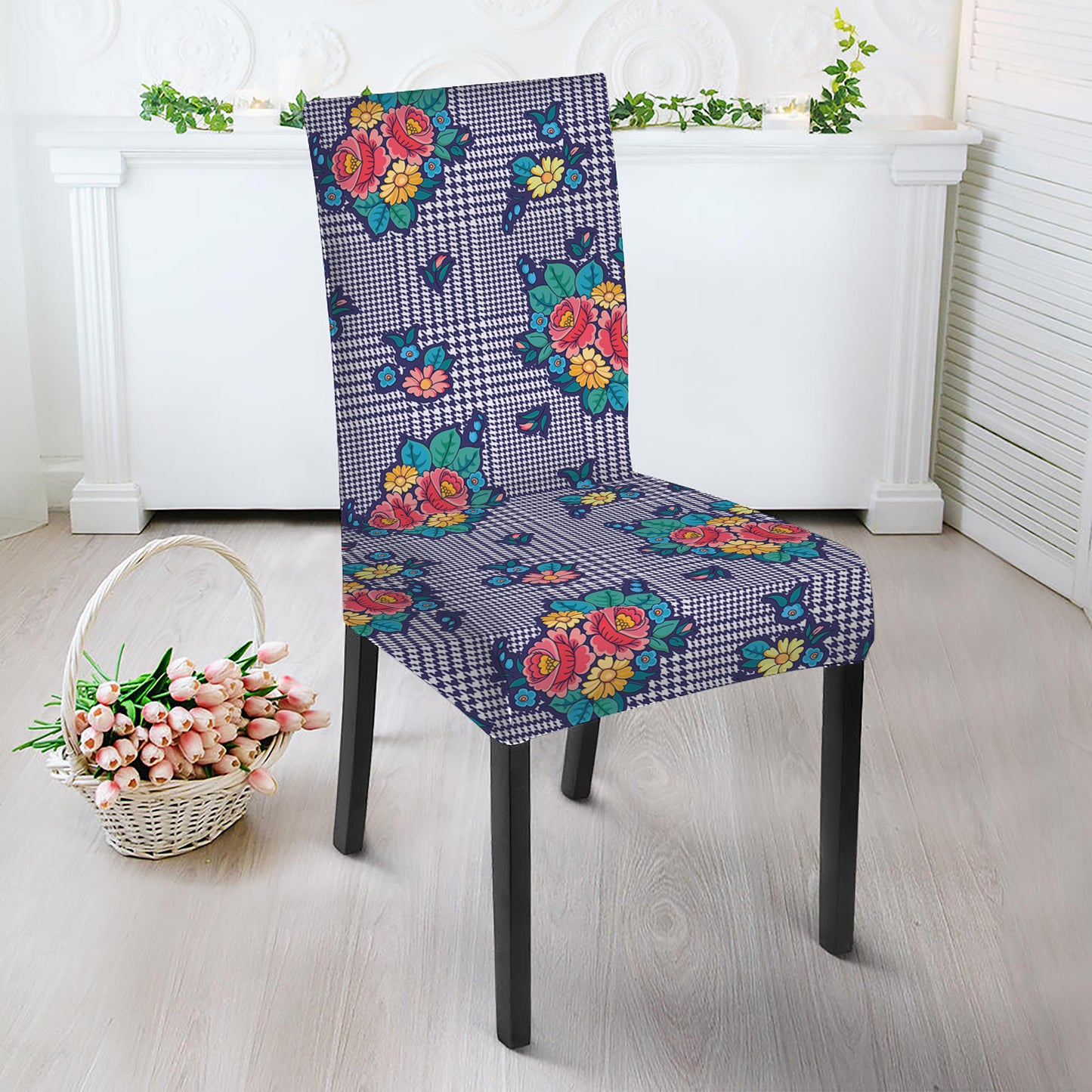 Blue And White Floral Glen Plaid Print Dining Chair Slipcover