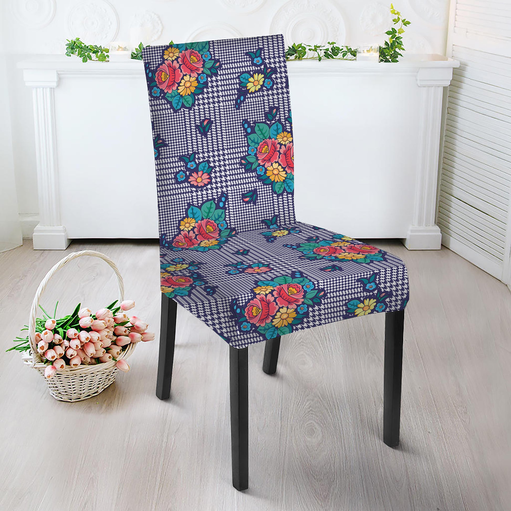 Blue And White Floral Glen Plaid Print Dining Chair Slipcover