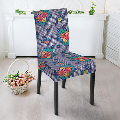 Blue And White Floral Glen Plaid Print Dining Chair Slipcover
