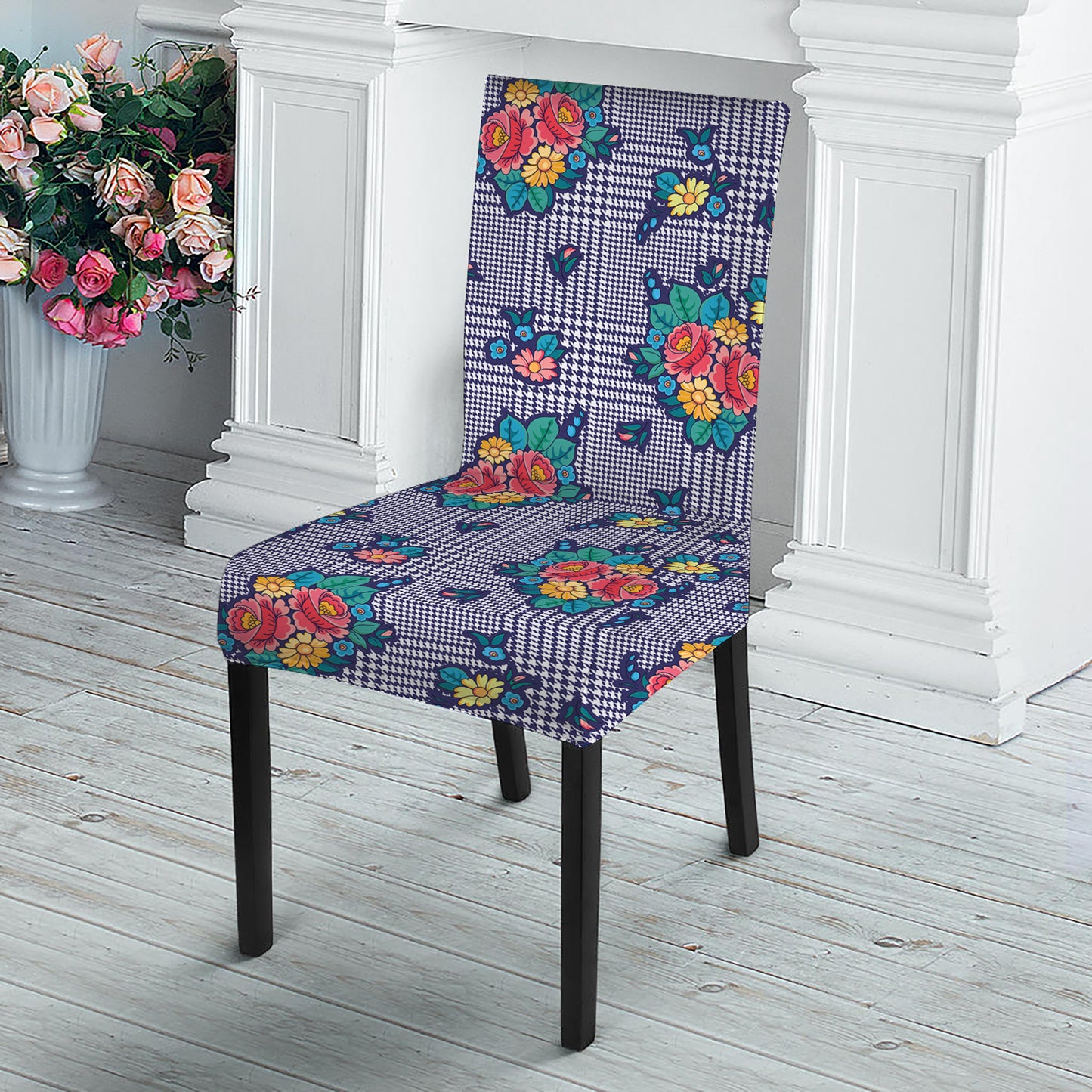 Blue And White Floral Glen Plaid Print Dining Chair Slipcover