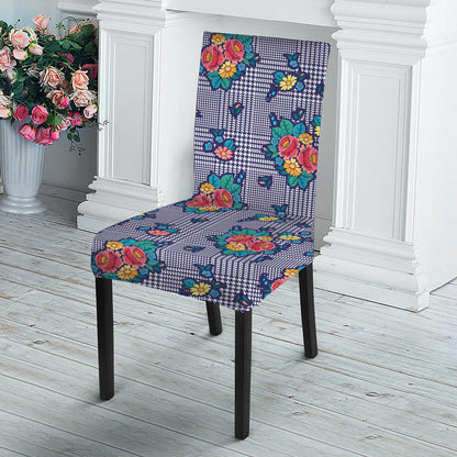 Blue And White Floral Glen Plaid Print Dining Chair Slipcover