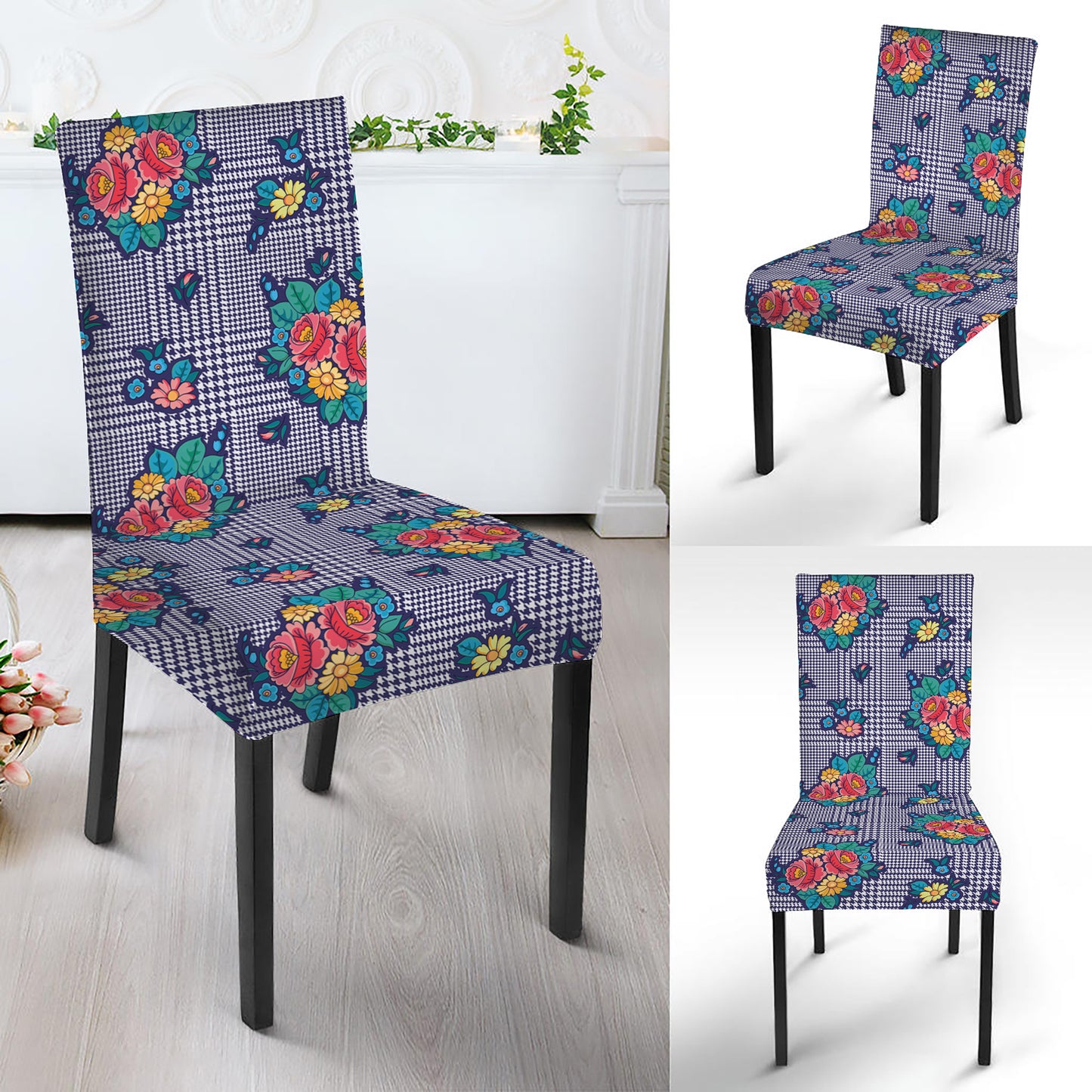 Blue And White Floral Glen Plaid Print Dining Chair Slipcover