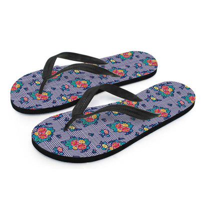 Blue And White Floral Glen Plaid Print Flip Flops