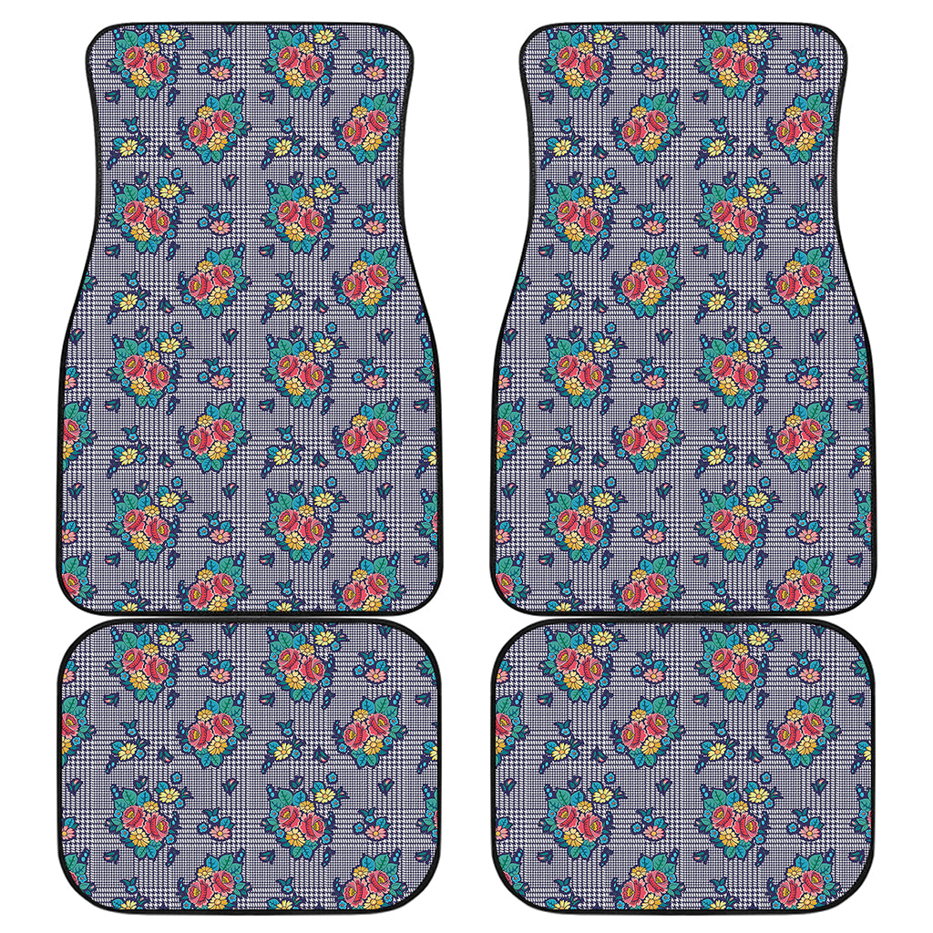 Blue And White Floral Glen Plaid Print Front and Back Car Floor Mats