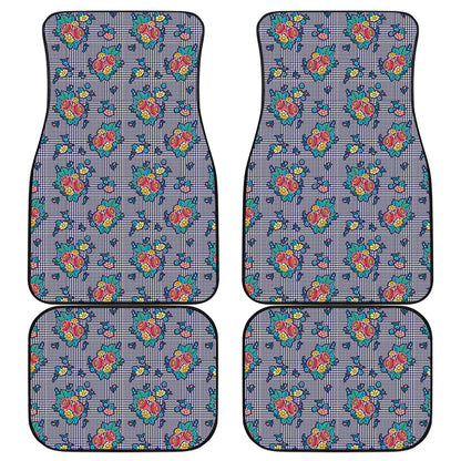 Blue And White Floral Glen Plaid Print Front and Back Car Floor Mats