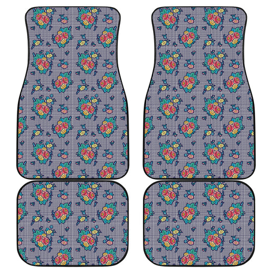 Blue And White Floral Glen Plaid Print Front and Back Car Floor Mats