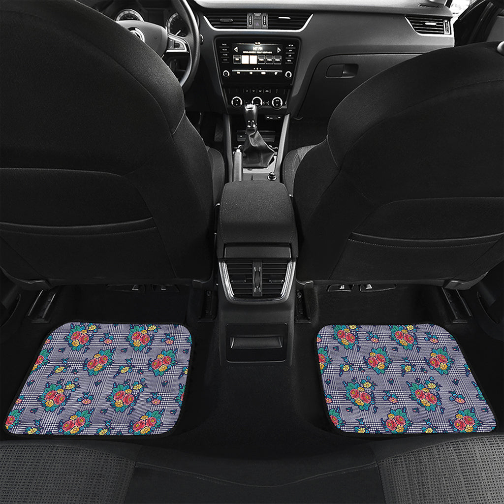 Blue And White Floral Glen Plaid Print Front and Back Car Floor Mats