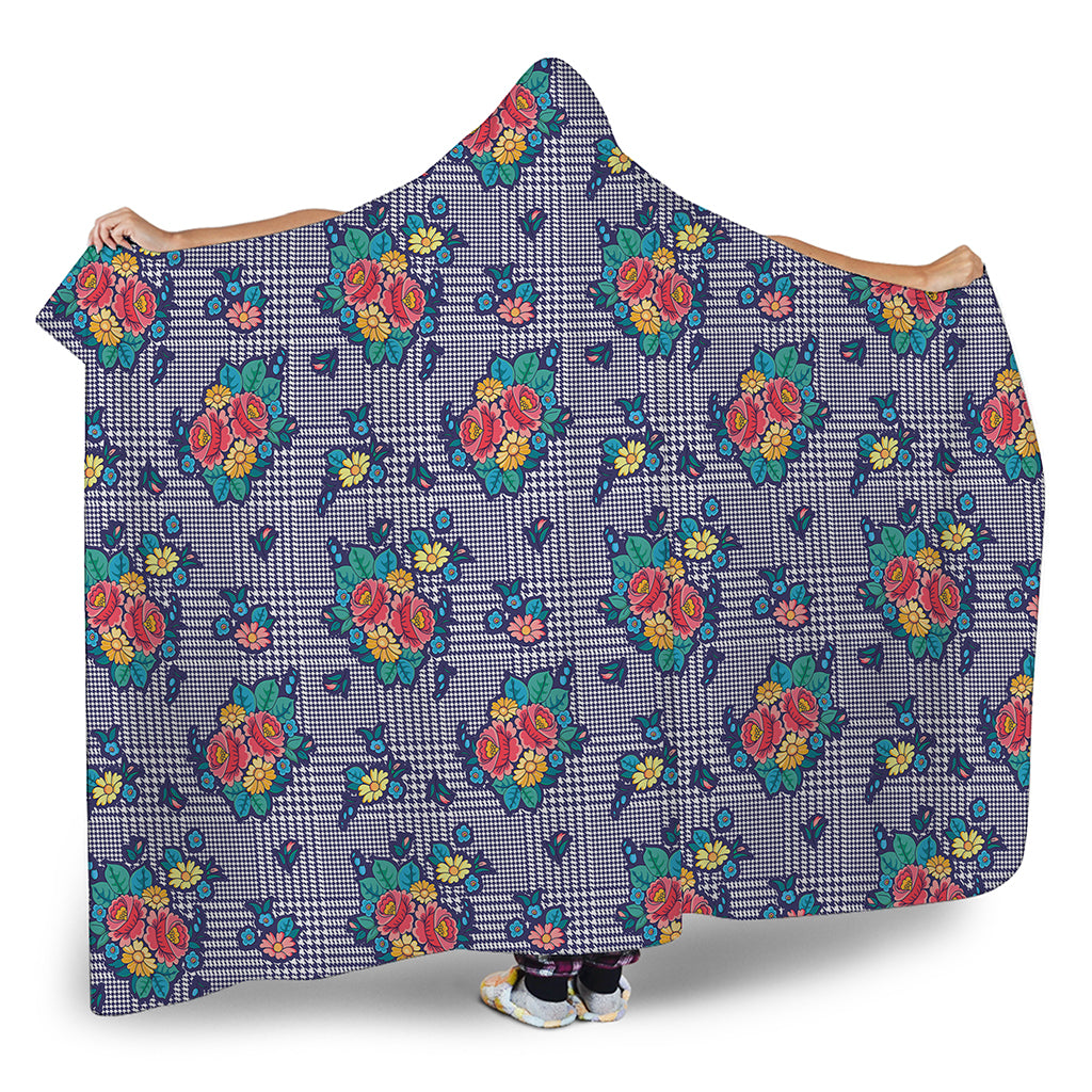 Blue And White Floral Glen Plaid Print Hooded Blanket