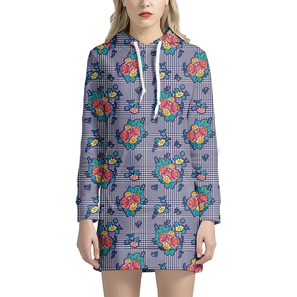 Blue And White Floral Glen Plaid Print Hoodie Dress
