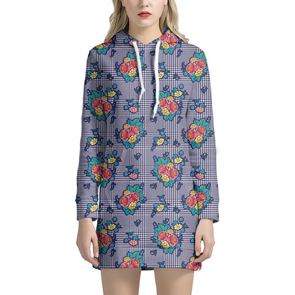 Blue And White Floral Glen Plaid Print Hoodie Dress