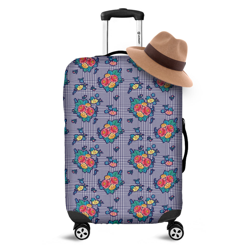 Blue And White Floral Glen Plaid Print Luggage Cover
