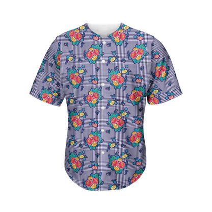 Blue And White Floral Glen Plaid Print Men's Baseball Jersey