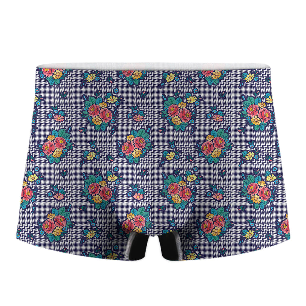 Blue And White Floral Glen Plaid Print Men's Boxer Briefs