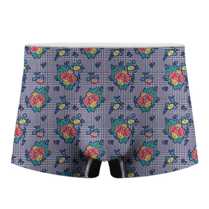 Blue And White Floral Glen Plaid Print Men's Boxer Briefs