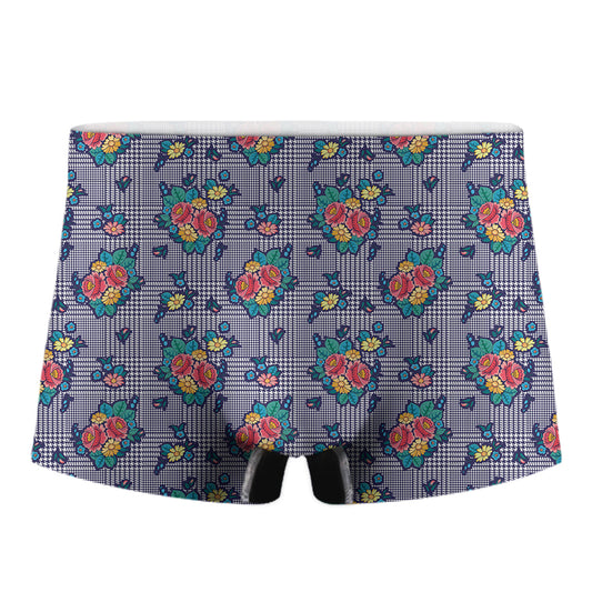 Blue And White Floral Glen Plaid Print Men's Boxer Briefs