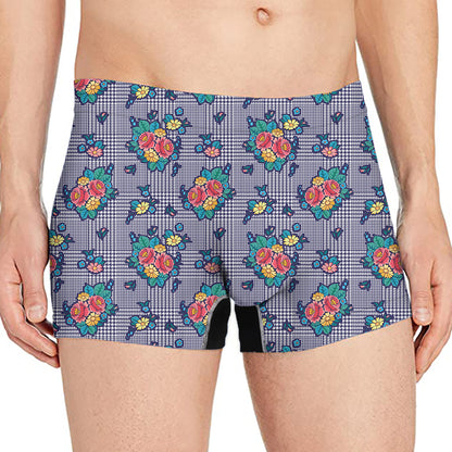 Blue And White Floral Glen Plaid Print Men's Boxer Briefs