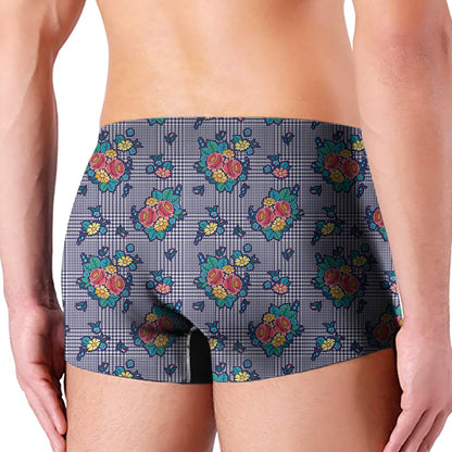 Blue And White Floral Glen Plaid Print Men's Boxer Briefs