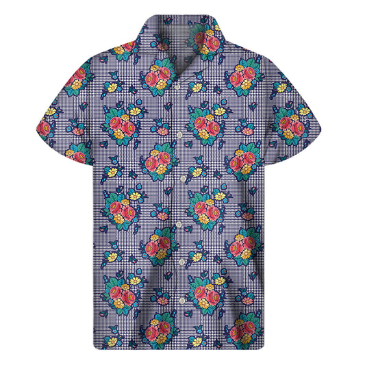 Blue And White Floral Glen Plaid Print Men's Short Sleeve Shirt