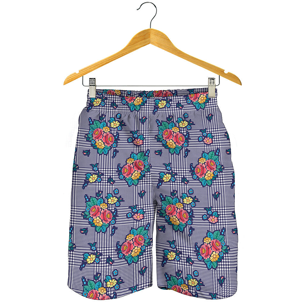 Blue And White Floral Glen Plaid Print Men's Shorts