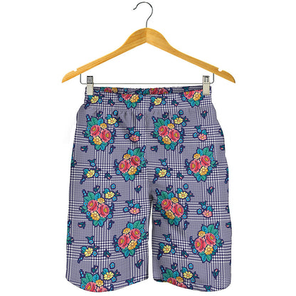 Blue And White Floral Glen Plaid Print Men's Shorts
