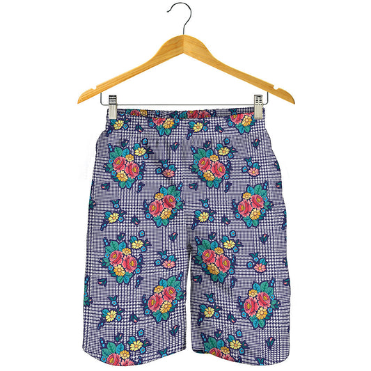 Blue And White Floral Glen Plaid Print Men's Shorts