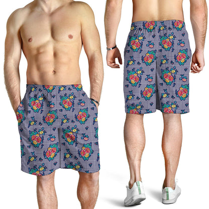 Blue And White Floral Glen Plaid Print Men's Shorts