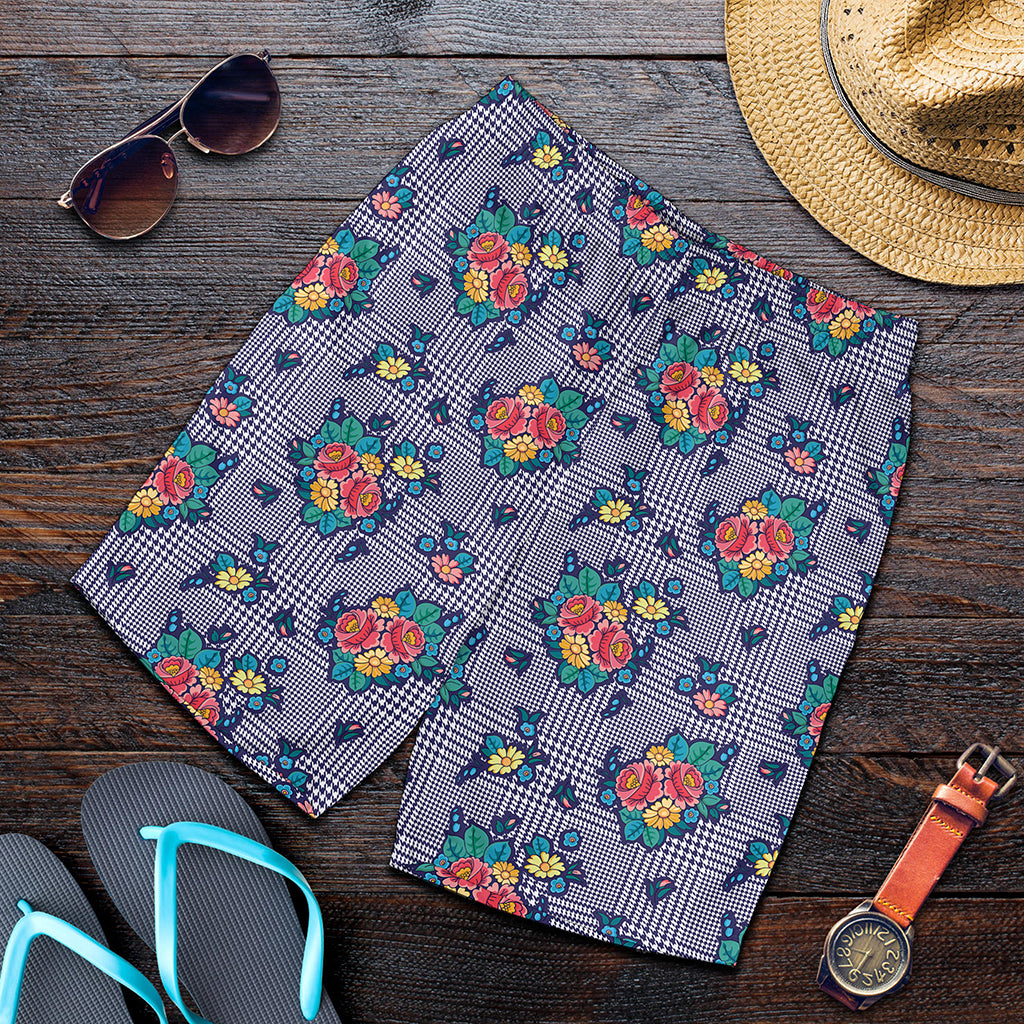 Blue And White Floral Glen Plaid Print Men's Shorts