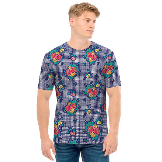Blue And White Floral Glen Plaid Print Men's T-Shirt