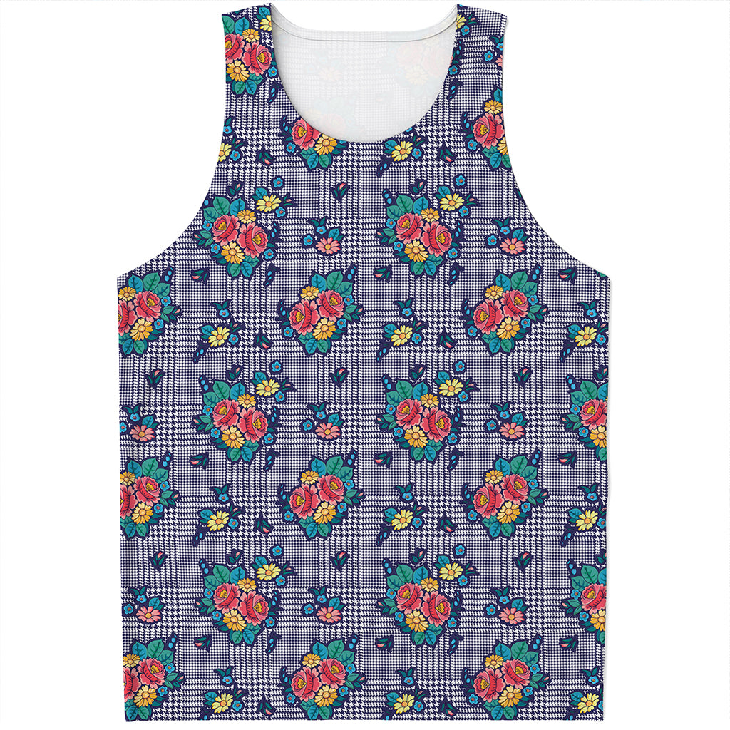 Blue And White Floral Glen Plaid Print Men's Tank Top