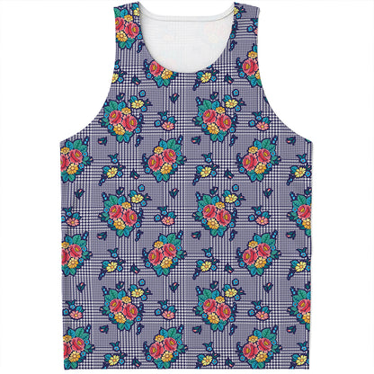 Blue And White Floral Glen Plaid Print Men's Tank Top