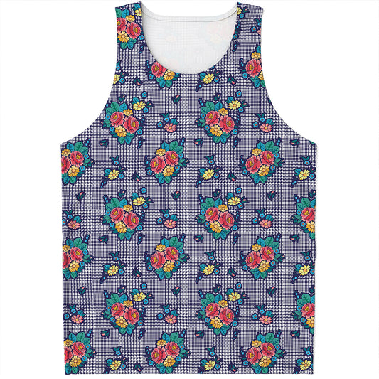Blue And White Floral Glen Plaid Print Men's Tank Top