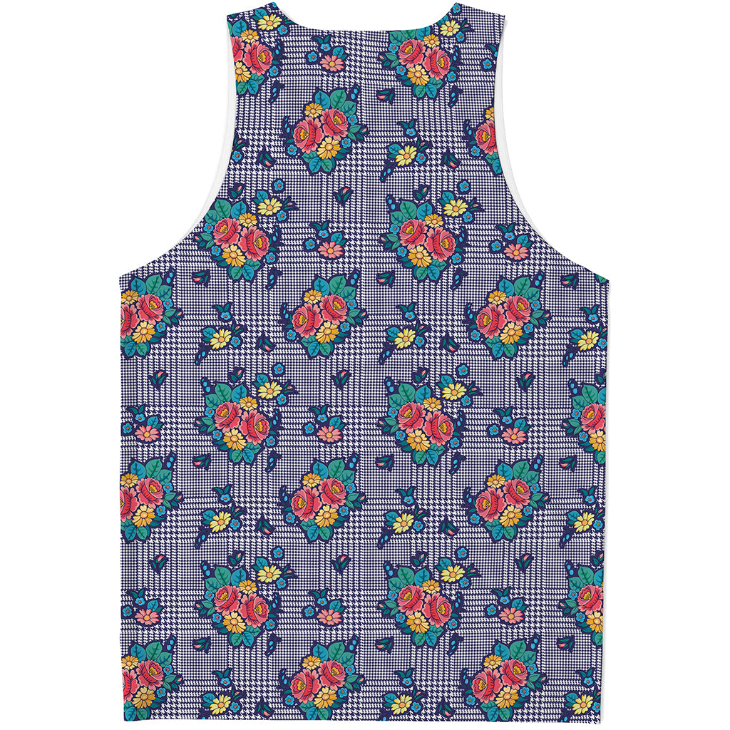 Blue And White Floral Glen Plaid Print Men's Tank Top