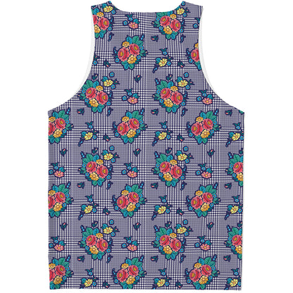 Blue And White Floral Glen Plaid Print Men's Tank Top