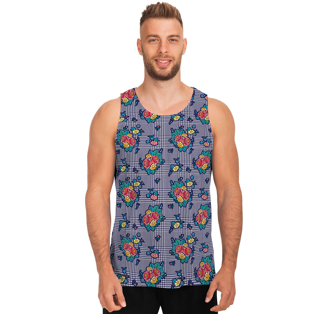 Blue And White Floral Glen Plaid Print Men's Tank Top