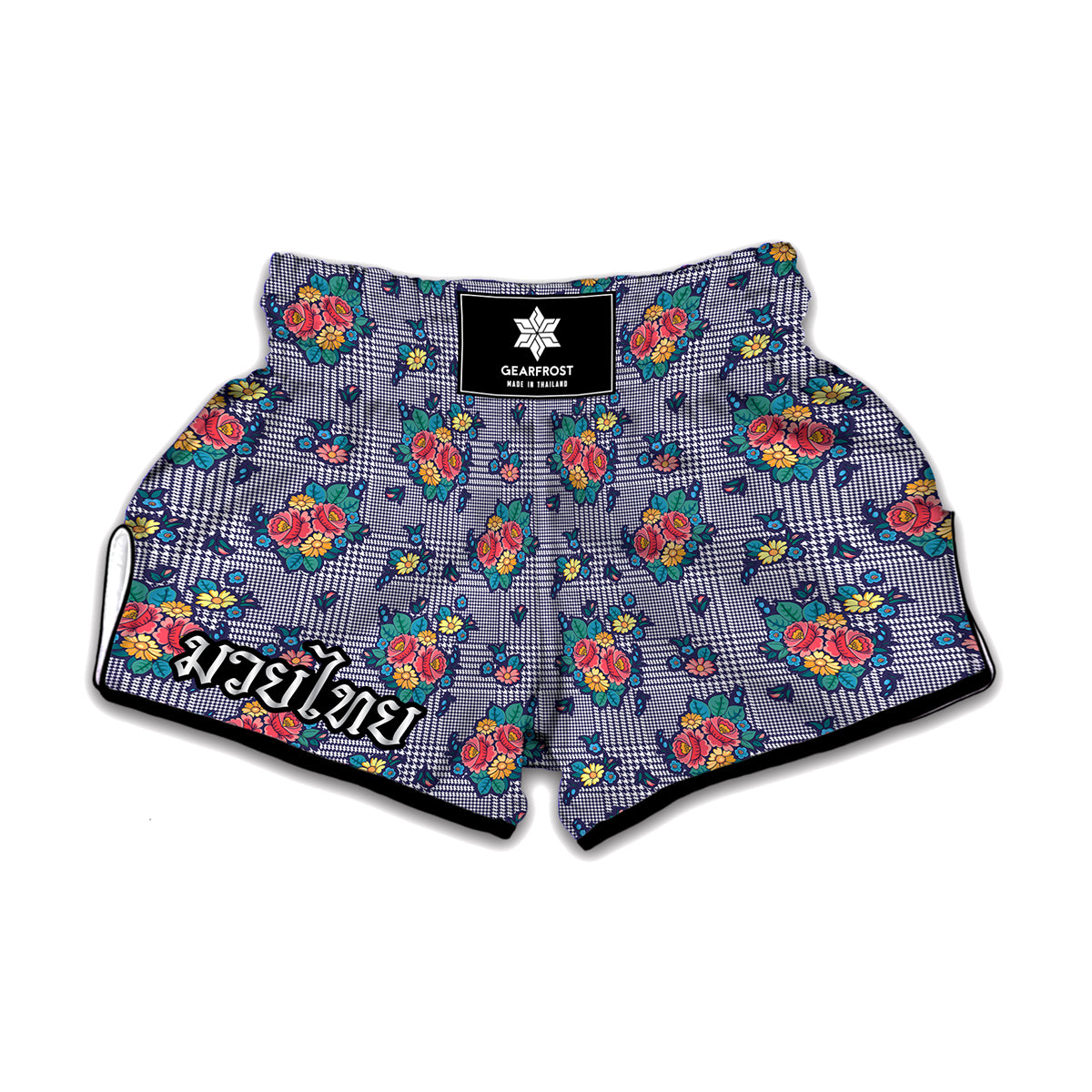 Blue And White Floral Glen Plaid Print Muay Thai Boxing Shorts
