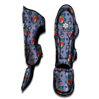 Blue And White Floral Glen Plaid Print Muay Thai Shin Guard