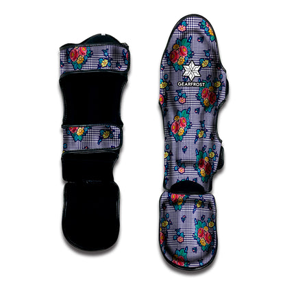 Blue And White Floral Glen Plaid Print Muay Thai Shin Guard