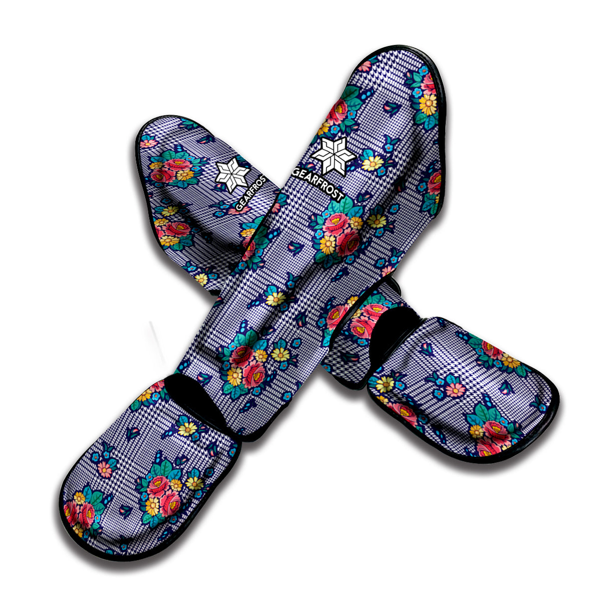 Blue And White Floral Glen Plaid Print Muay Thai Shin Guard