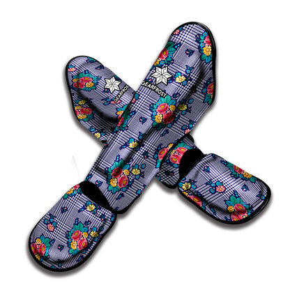 Blue And White Floral Glen Plaid Print Muay Thai Shin Guard