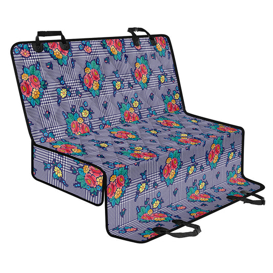 Blue And White Floral Glen Plaid Print Pet Car Back Seat Cover