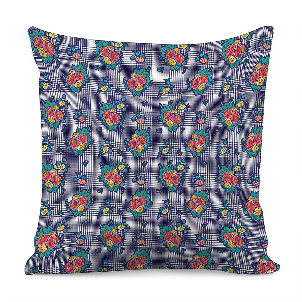 Blue And White Floral Glen Plaid Print Pillow Cover