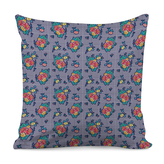 Blue And White Floral Glen Plaid Print Pillow Cover