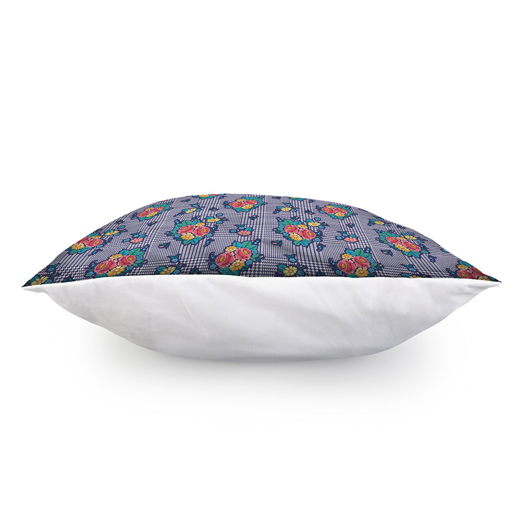 Blue And White Floral Glen Plaid Print Pillow Cover