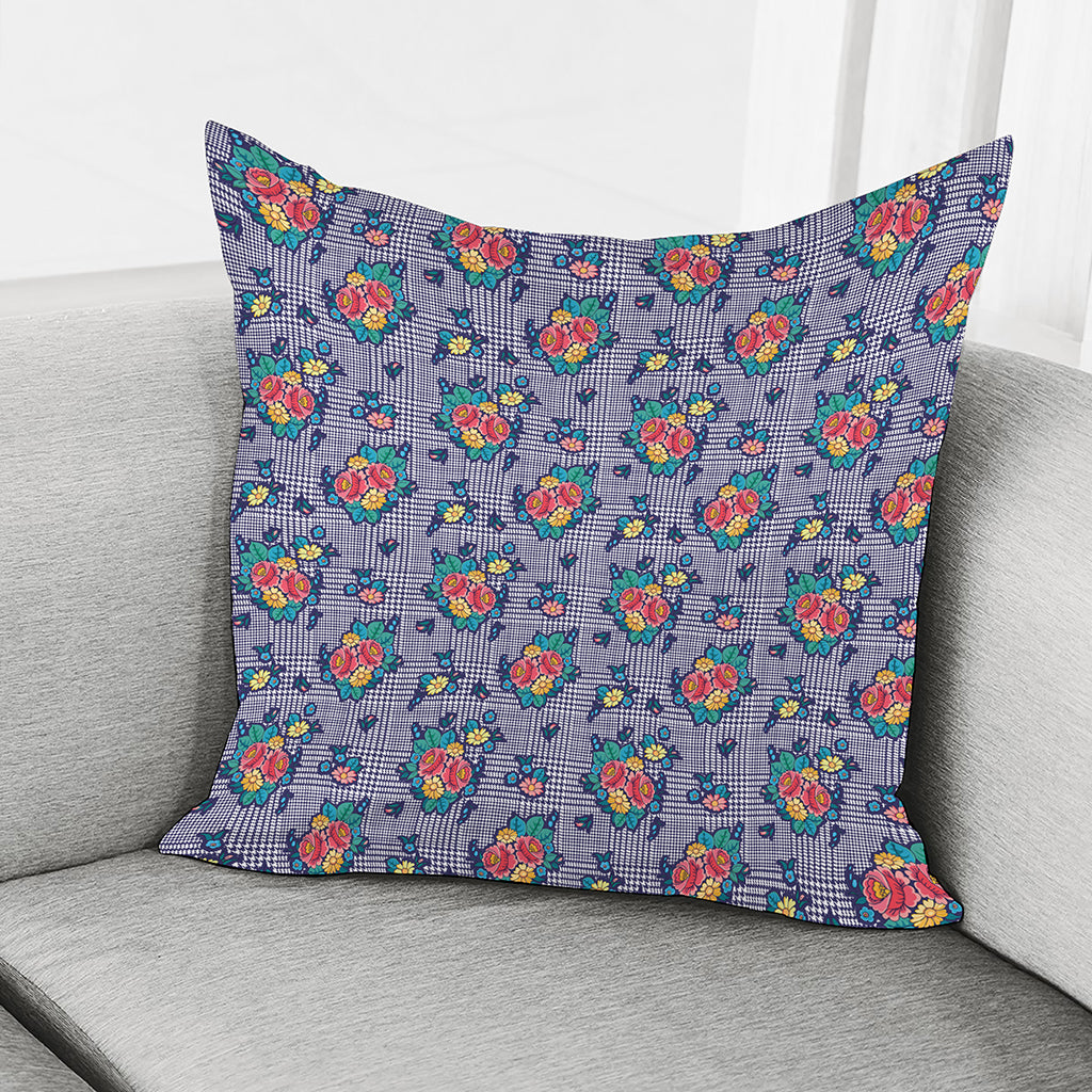 Blue And White Floral Glen Plaid Print Pillow Cover
