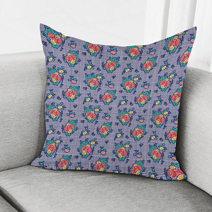 Blue And White Floral Glen Plaid Print Pillow Cover
