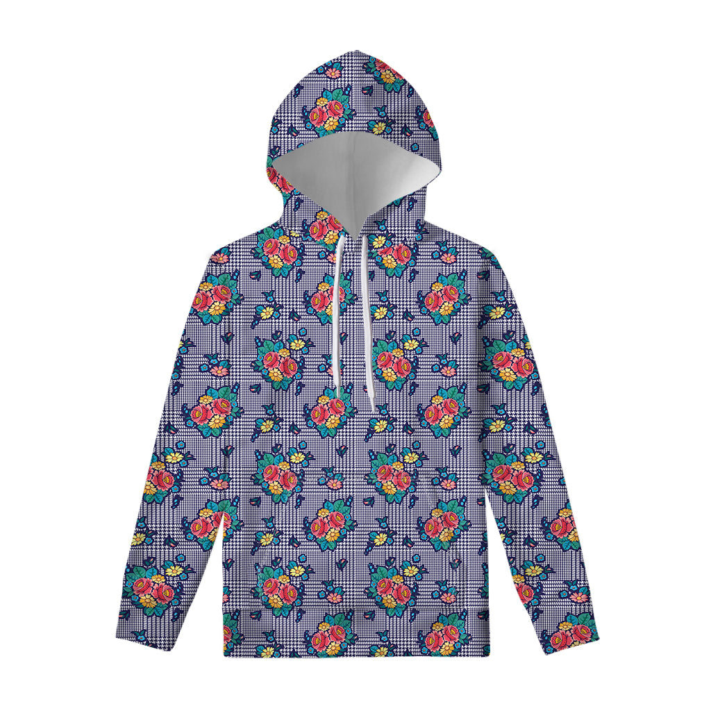 Blue And White Floral Glen Plaid Print Pullover Hoodie