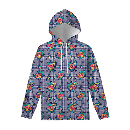 Blue And White Floral Glen Plaid Print Pullover Hoodie